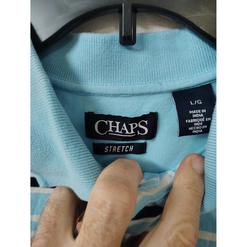 Chaps Mens Large Light Blue‎ Striped Stretch Pique Short Sleeve Polo Shirt